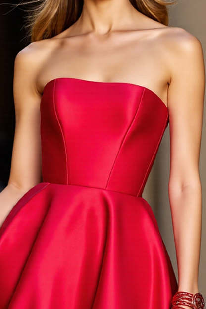 Red Strapless A Line Satin Short Homecoming Dress with Flowers