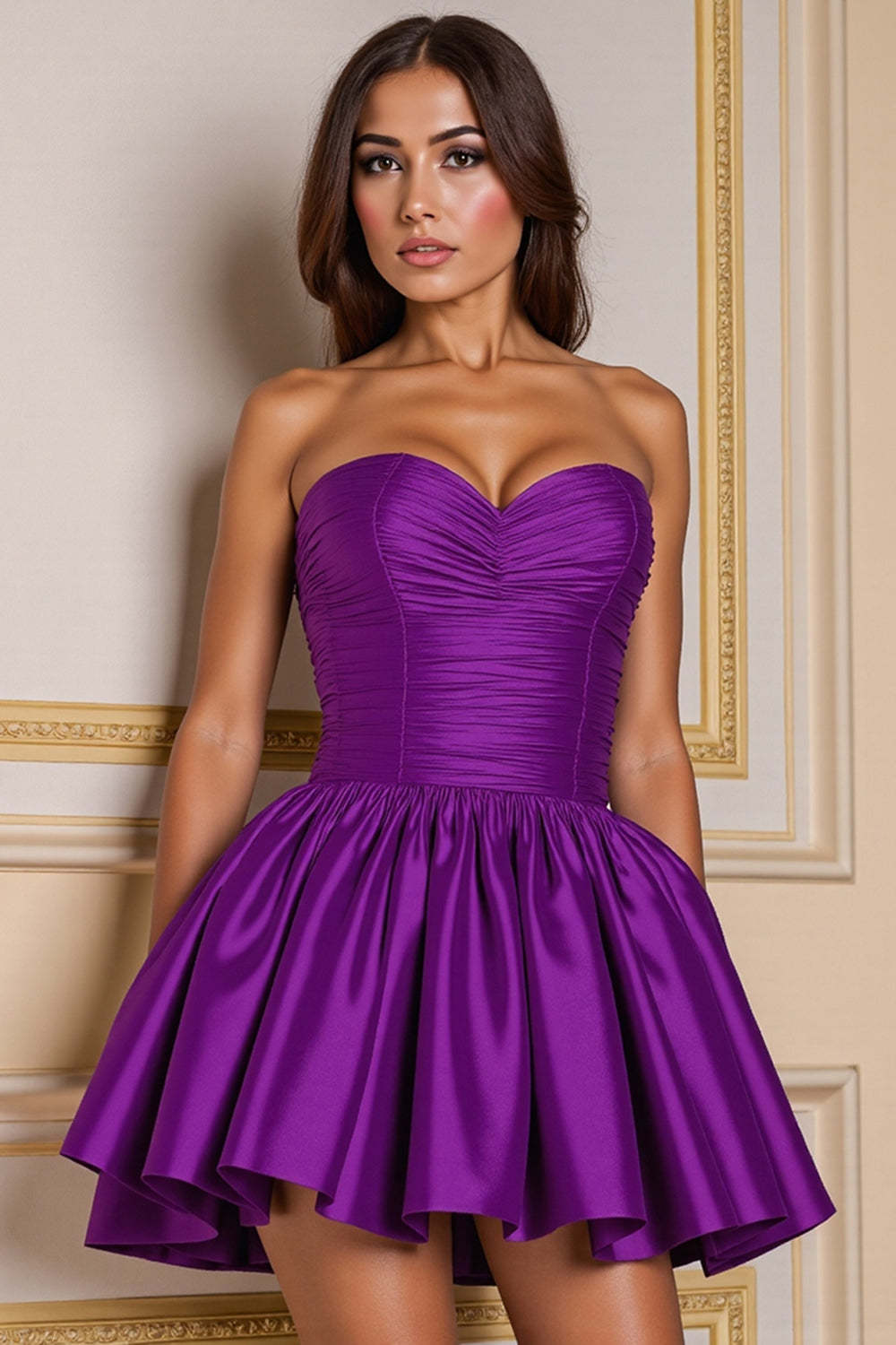 Leely Women Dark Purple Sweetheart Short Homecoming Dress Satin A Line Ruched Birthday Dress