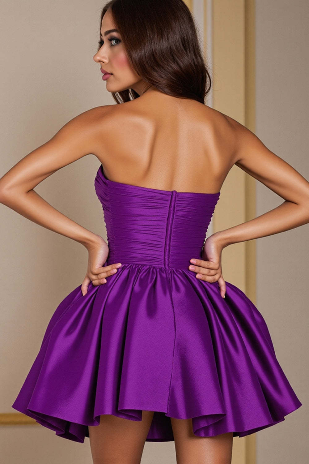 Dark Purple Sweetheart Satin A Line Ruched Short Homecoming Dress