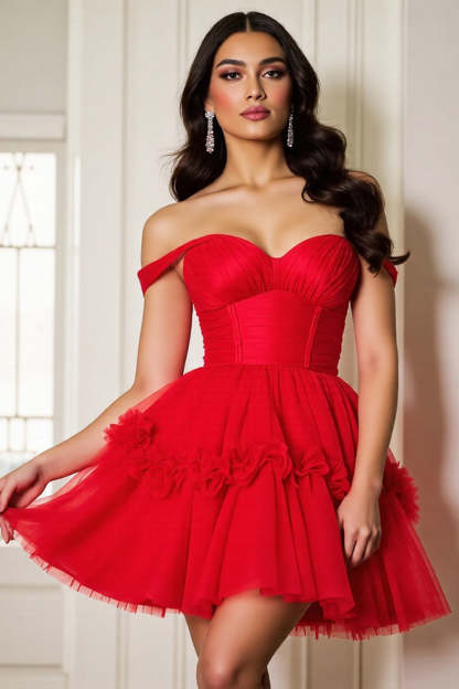 Leely Women Red Corset A Line Short Homecoming Dress with Ruffles Tulle Ruched Off the Shoulder Lace Up Back Cocktail Dress