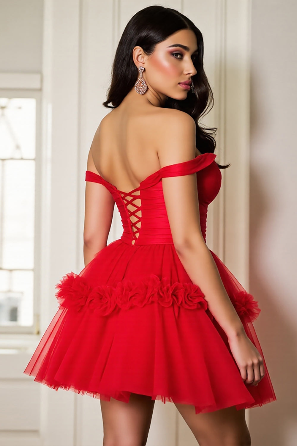 Red A Line Corset Tulle Lace up Back Short Homecoming Dress with Ruffles