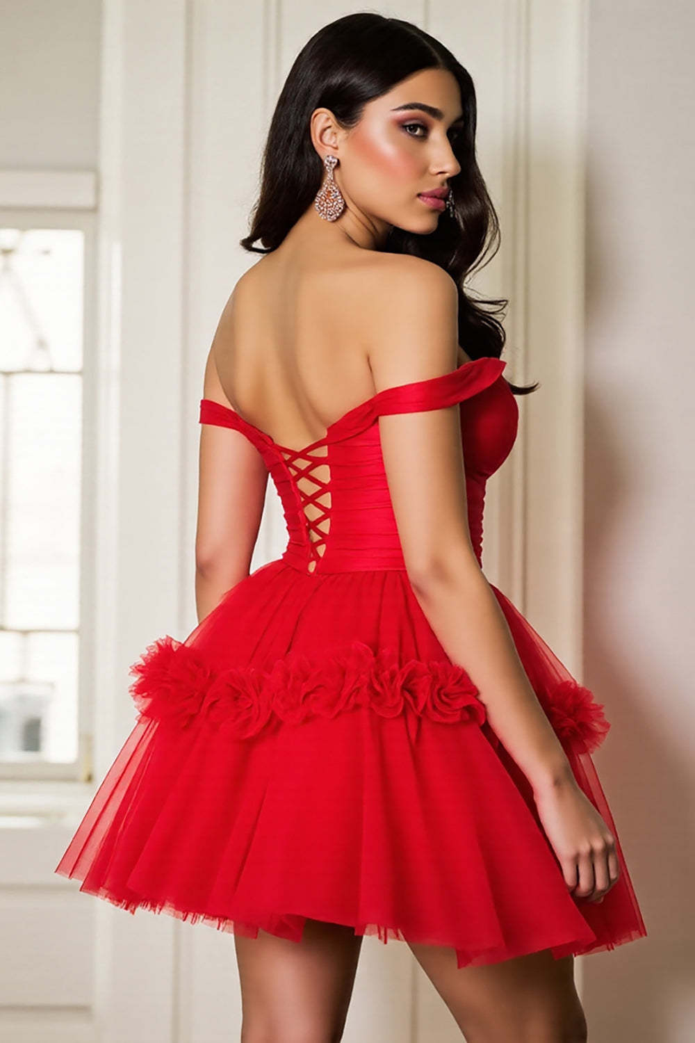 Red A Line Corset Tulle Lace up Back Short Homecoming Dress with Ruffles