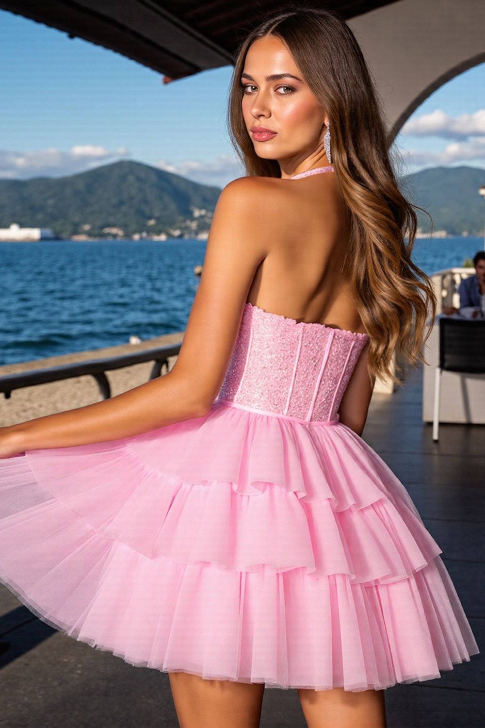 Pink Corset Tulle Tiered Short A Line Homecoming Dress with Ruffles