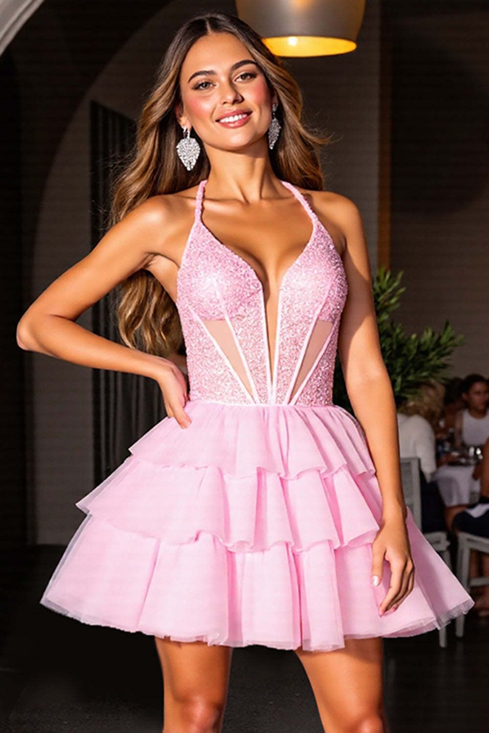 Pink Corset Tulle Tiered Short A Line Homecoming Dress with Ruffles