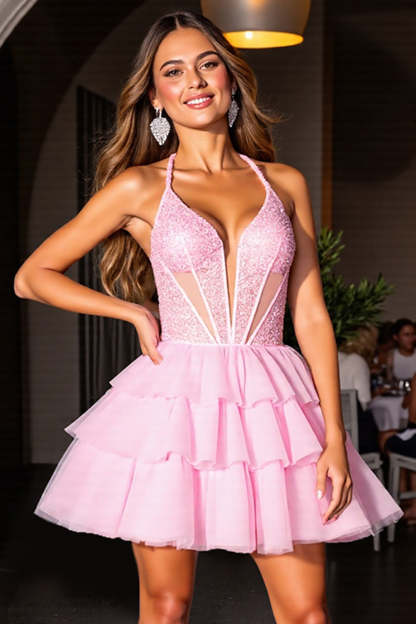 Pink Corset Tulle Tiered Short A Line Homecoming Dress with Ruffles