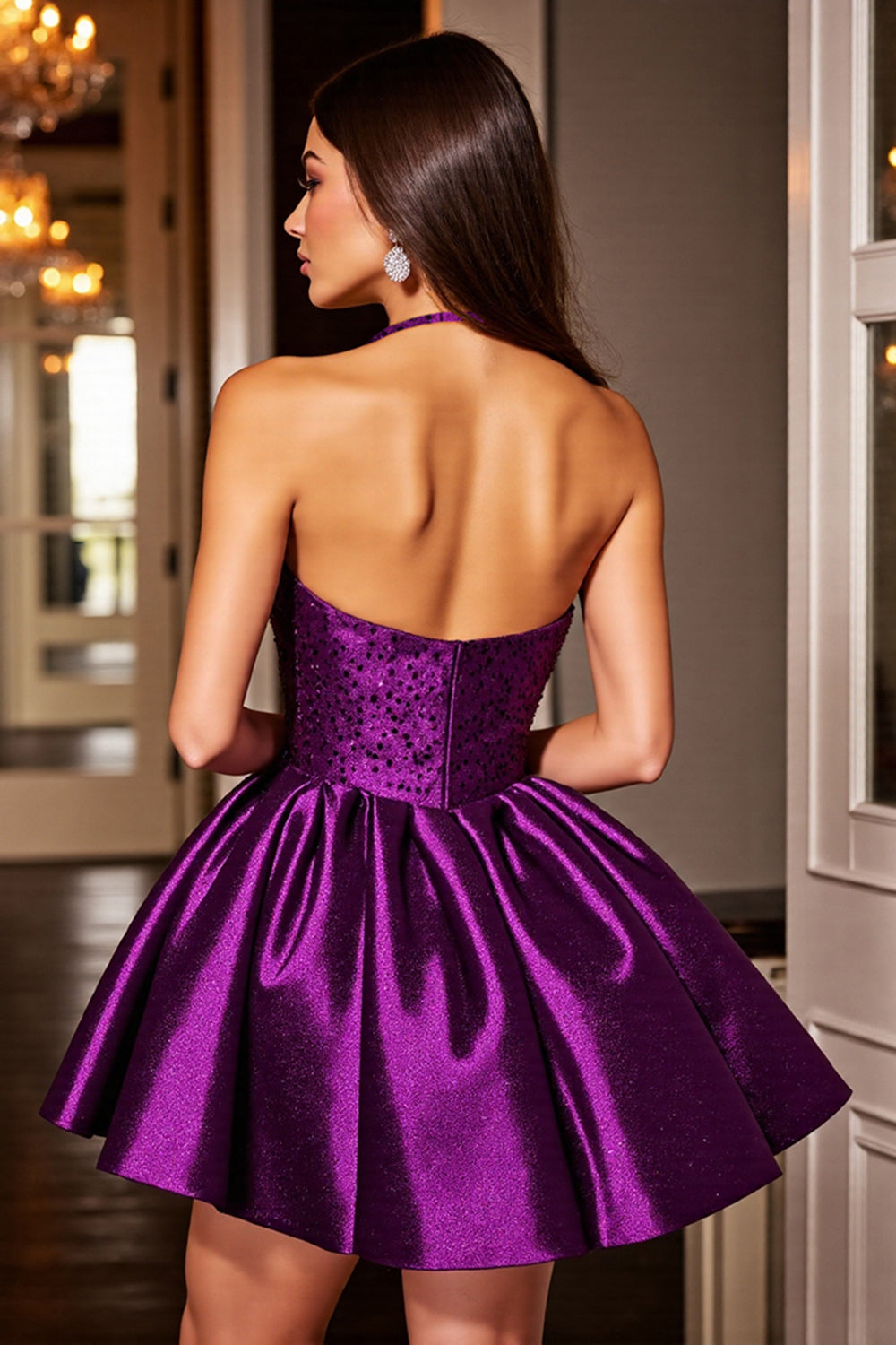Sparkly Dark Purple Sequin A Line Halter Backless Short Homecoming Dress