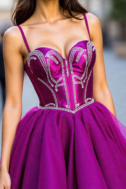 Sparkly Dark Purple Tulle Corset Short A Line Homecoming Dress with Beading