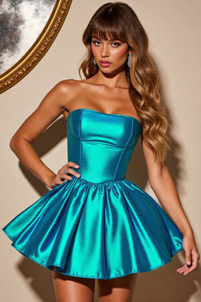 Leely Women Metallic Blue Corset Satin Short Homecoming Dress A Line Strapless Birthday Dress