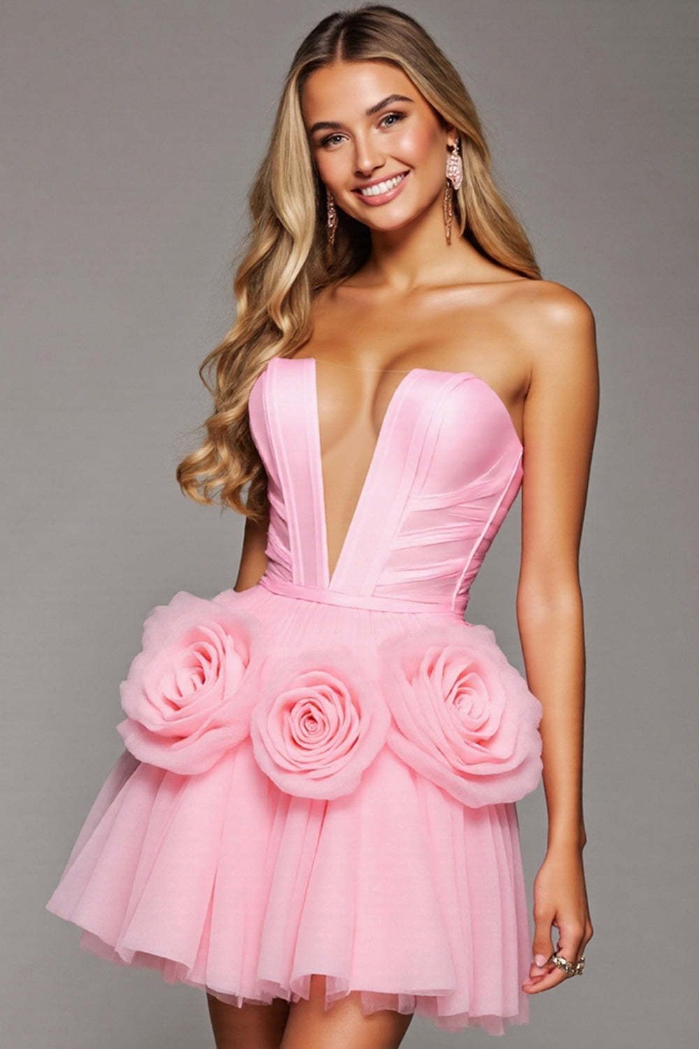 Leely Women Pink Floral Corset Tulle Short Homecoming Dress A Line Ruched 3D Flowers Birthday Dress
