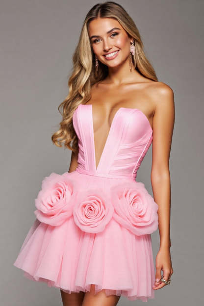 Leely Women Pink Floral Corset Tulle Short Homecoming Dress A Line Ruched 3D Flowers Birthday Dress