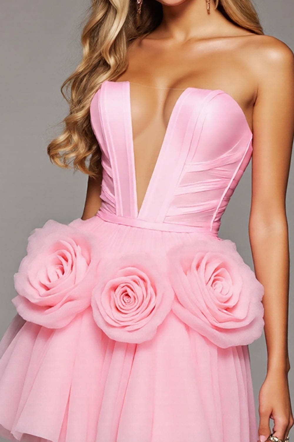 Pink Corset A Line 3D Flowers Tulle Short Homecoming Dress