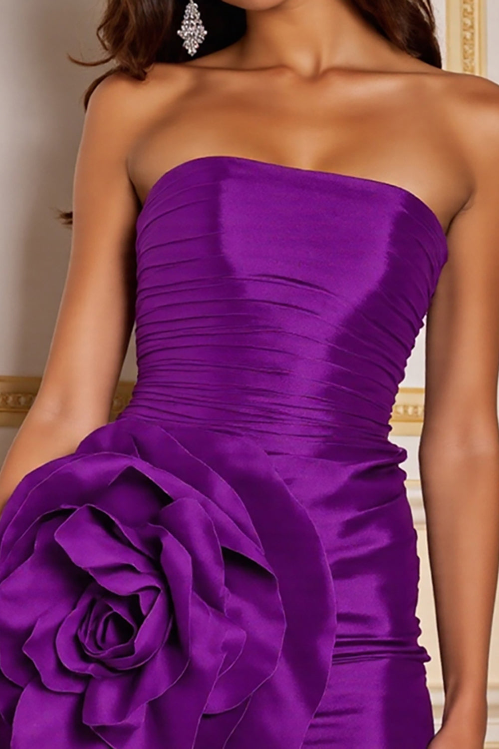 Dark Purple Floral Bodycon Strapless Short Satin Homecoming Dress