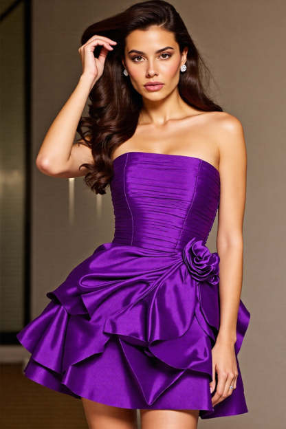 Leely Women Dark Purple Floral Short Satin Homecoming Dress with Ruffles A Line Strapless Ruched Cocktail Dress