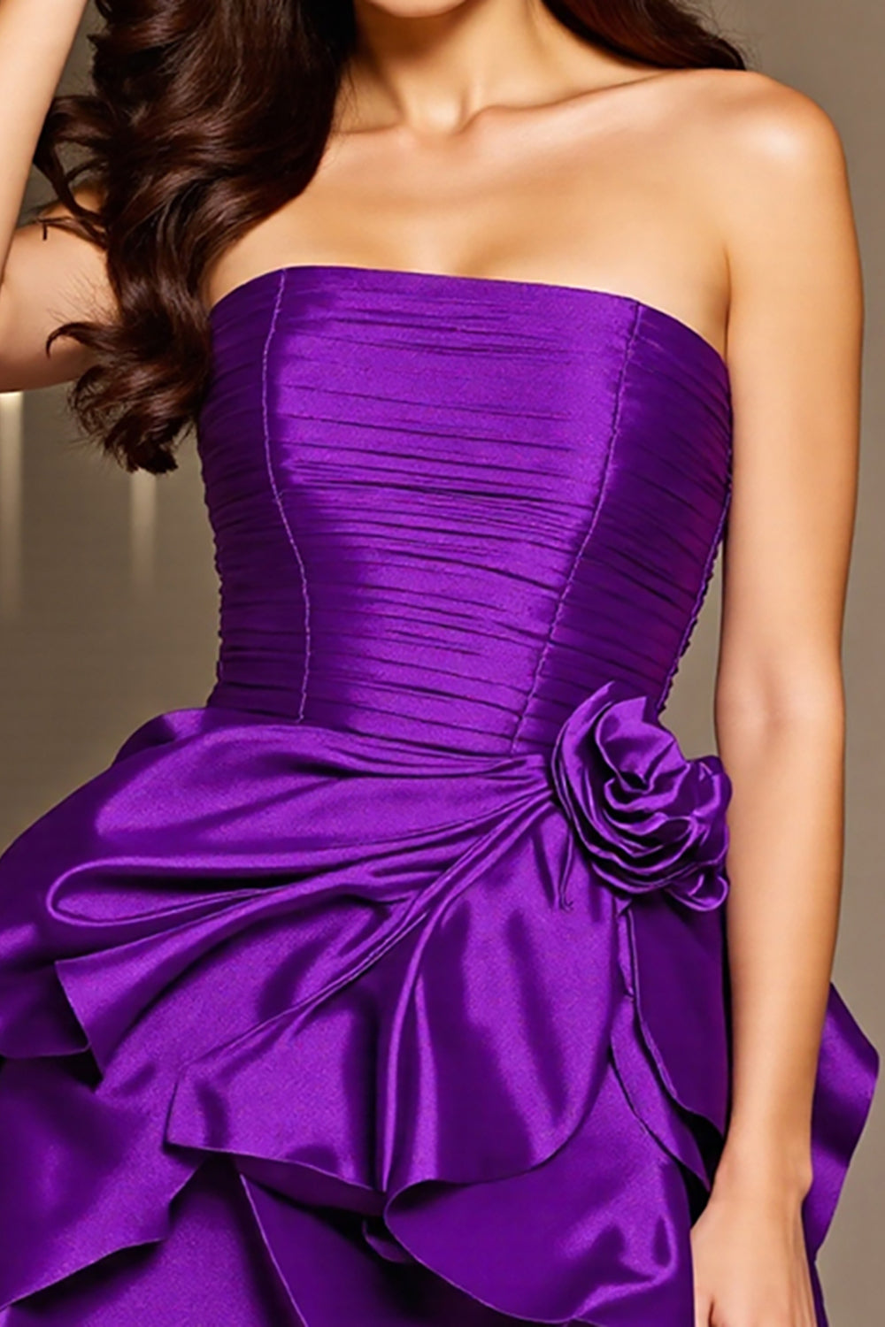 Dark Purple Floral Ruched Short Satin Homecoming Dress with Ruffles