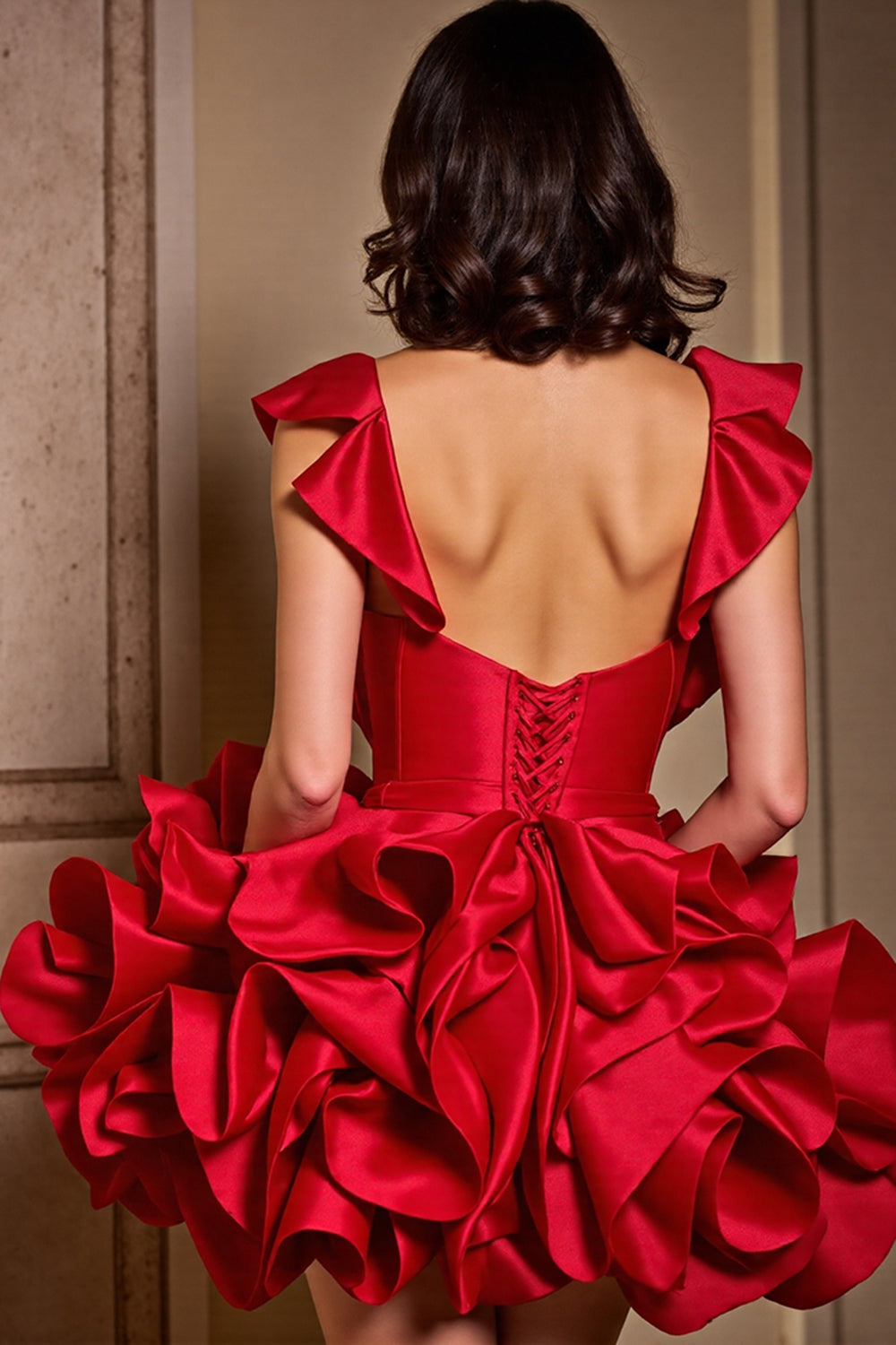 Sparkly Red Corset Sequins Short Homecoming Dress with Ruffles