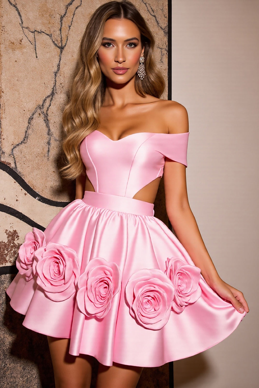 Leely Women Pink Floral Satin Corset Short Homecoming Dress A Line Cut Out Off the Shoulder School Party Dress