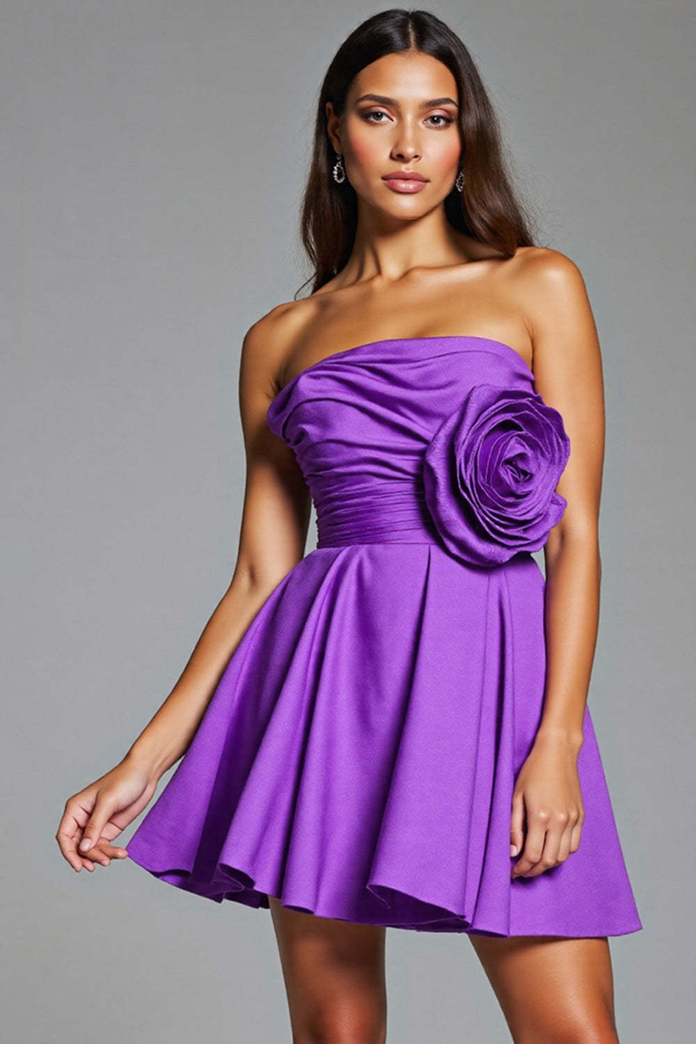 Leely Women Purple Floral Satin Short Homecoming Dress A-Line Strapless Ruched School Party Dress