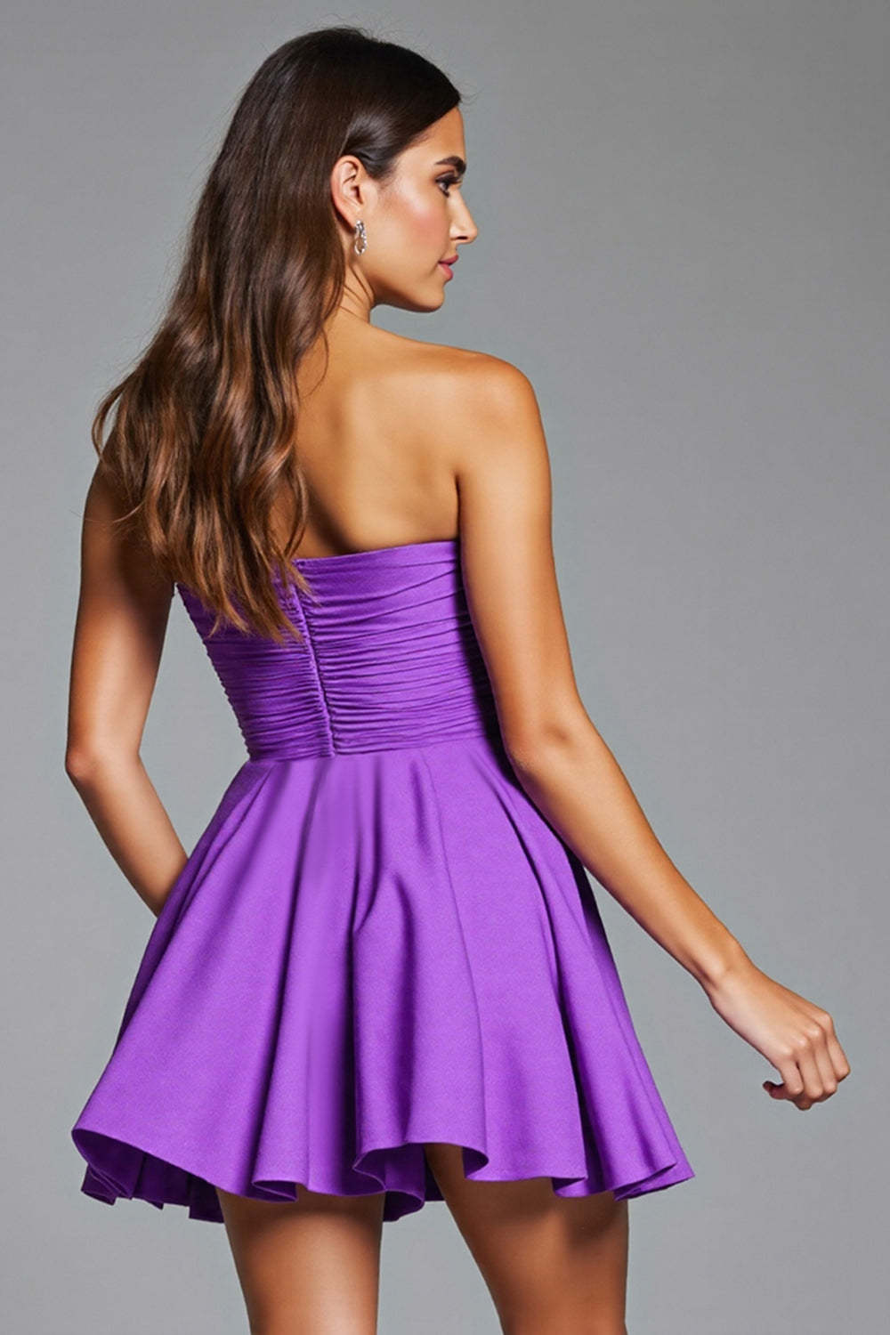 A Line Purple Floral Strapless Short Homecoming Dress