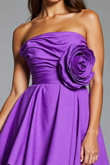 A Line Purple Floral Strapless Short Homecoming Dress
