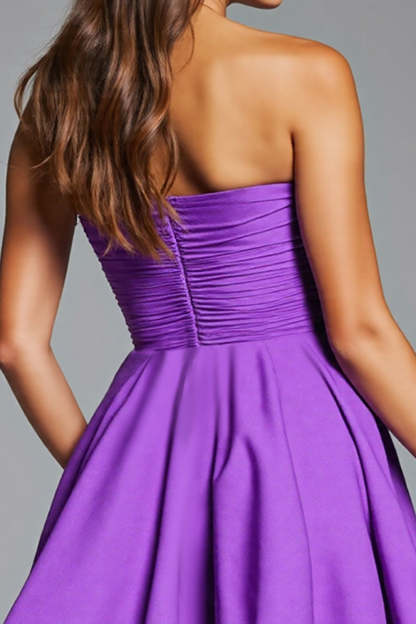A Line Purple Floral Strapless Short Homecoming Dress
