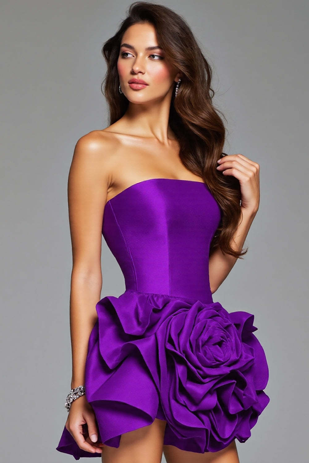 Leely Women Dark Purple Floral Satin Mini Homecoming Dress Ruffled Strapless School Party Dress