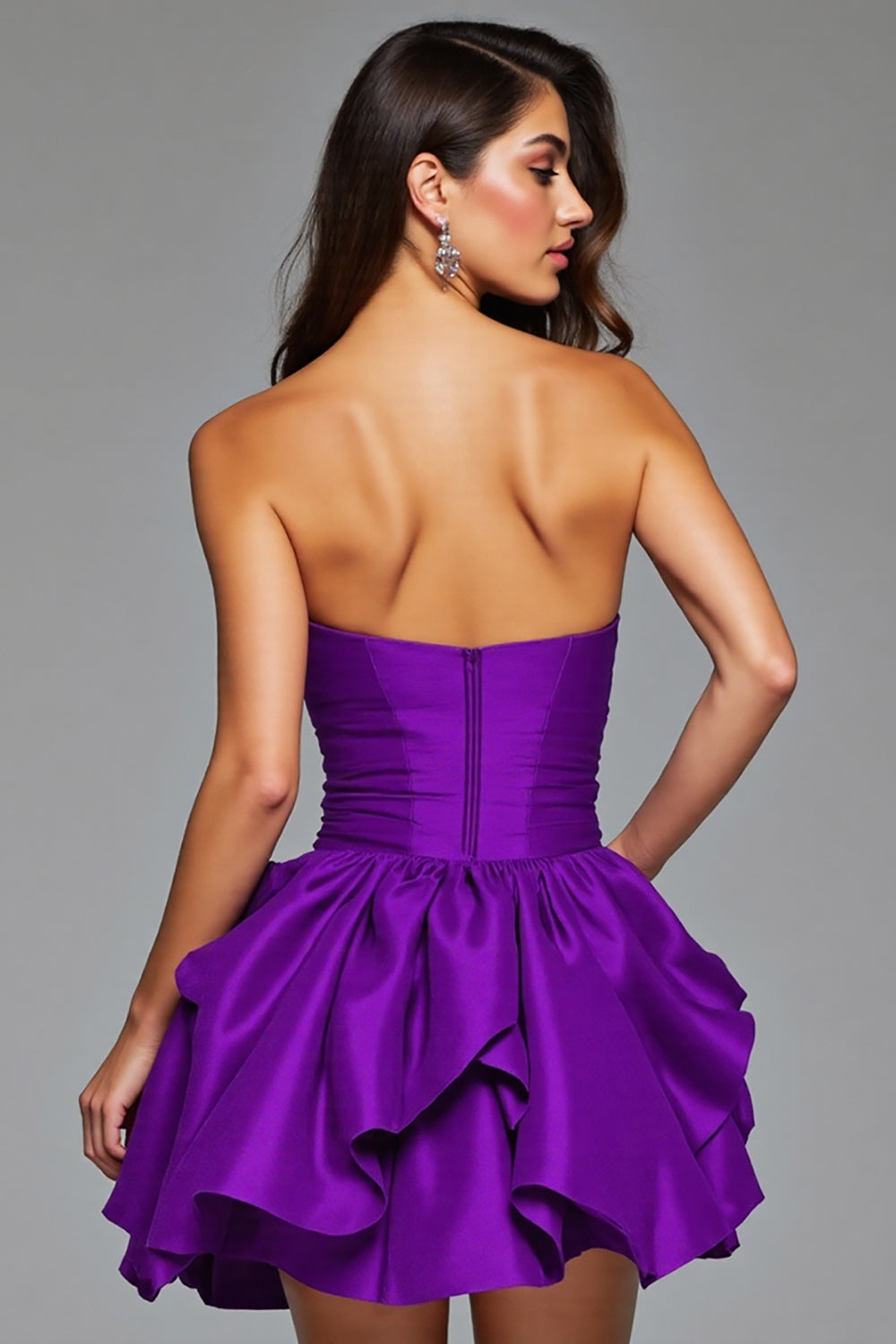 Strapless Dark Purple Floral Satin Ruffled Mini Homecoming Dress