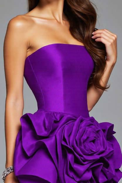 Strapless Dark Purple Floral Satin Ruffled Mini Homecoming Dress