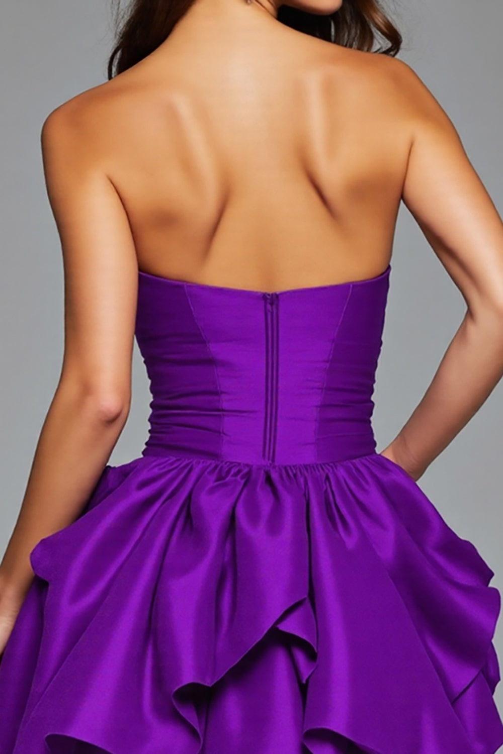 Strapless Dark Purple Floral Satin Ruffled Mini Homecoming Dress