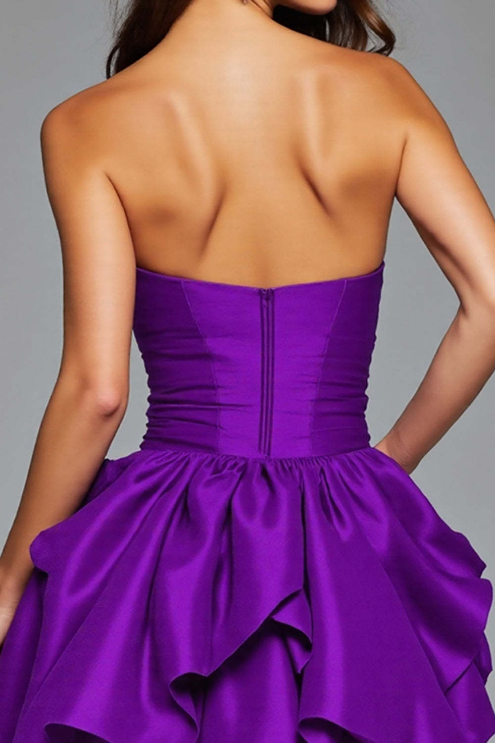 Strapless Dark Purple Floral Satin Ruffled Mini Homecoming Dress