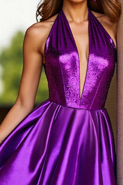 Dark Purple Corset Halter Satin Short Homecoming Dress with Sequins