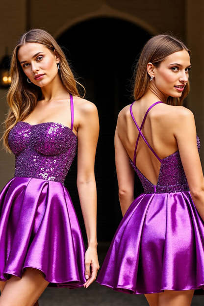 Sparkly Dark Purple Halter Satin Short Homecoming Dress with Sequins