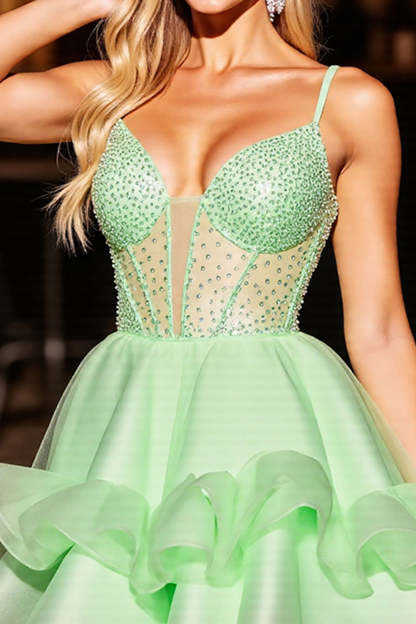 Sparkly Green Corset Beaded Corset Short Homecoming Dress with Ruffles