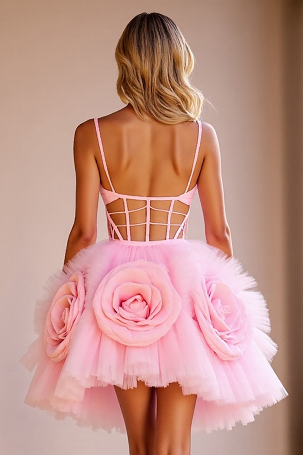 Pink Floral Tulle Corset Cut Out Short Homecoming Dress