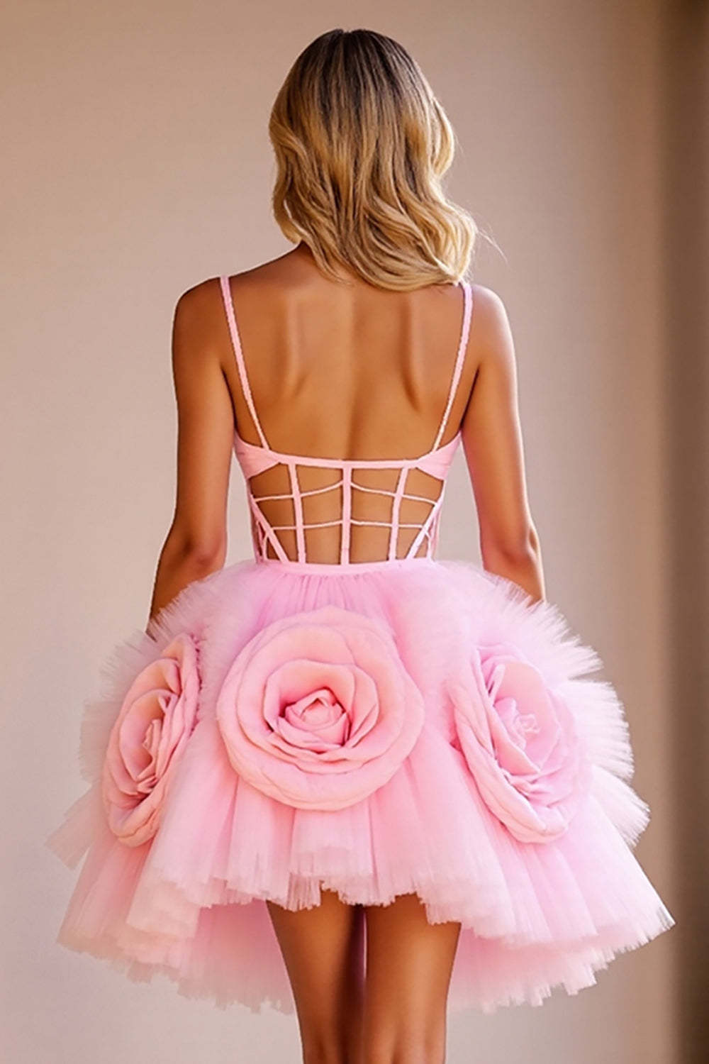 Pink Floral Tulle Corset Cut Out Short Homecoming Dress