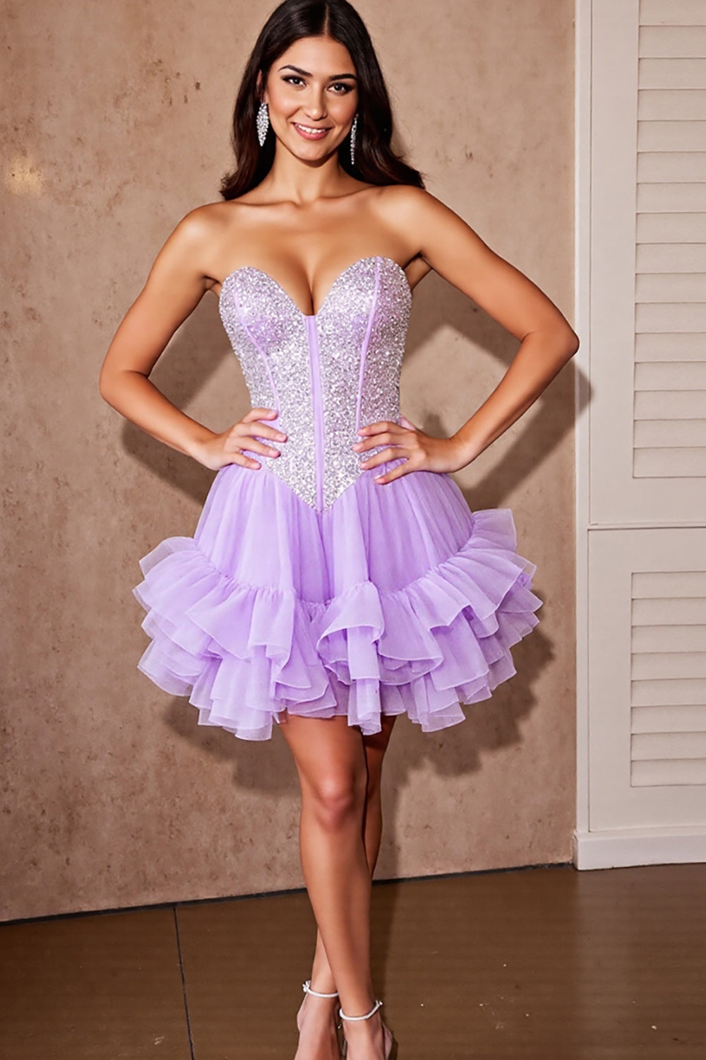 Leely Women Sparkly Lilac Corset Tulle Short Ruffled Homecoming Dress with Sequins Sweetheart A Line Tiered Birthday Dress