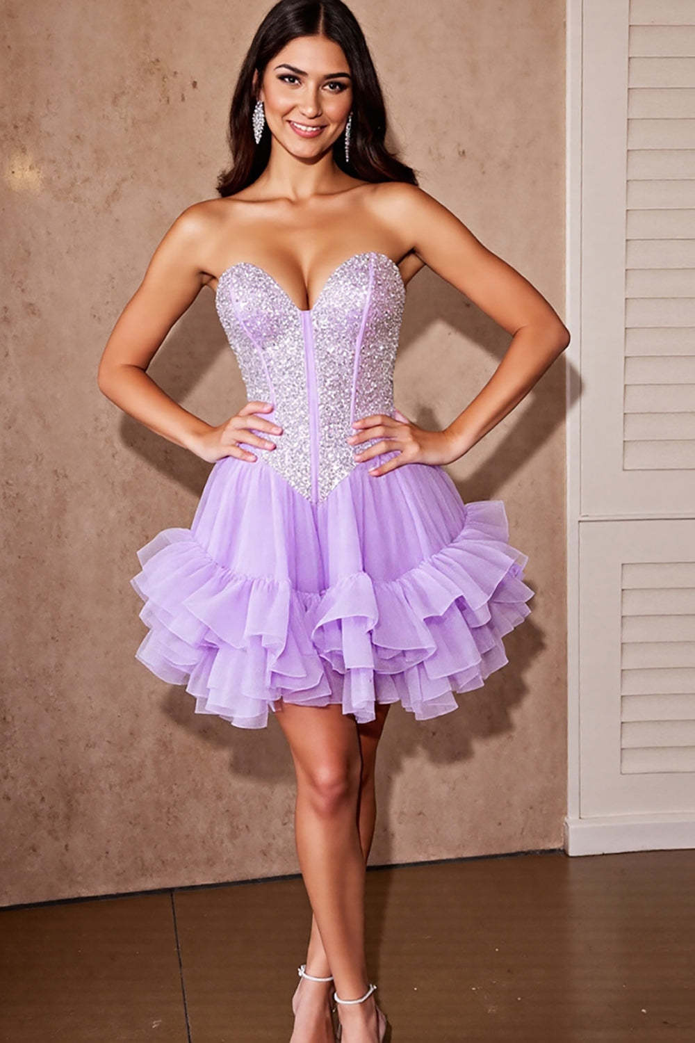 Leely Women Sparkly Lilac Corset Tulle Short Ruffled Homecoming Dress with Sequins Sweetheart A Line Tiered Birthday Dress