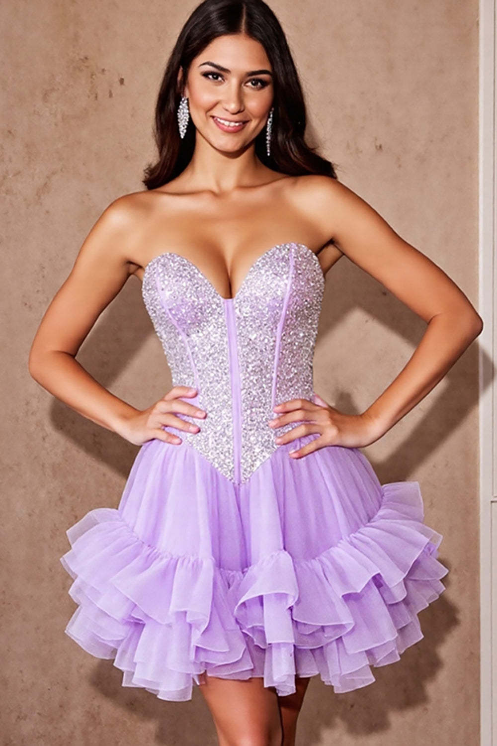 Sparkly Lilac Tulle Corset Short Ruffled Homecoming Dress with Sequins