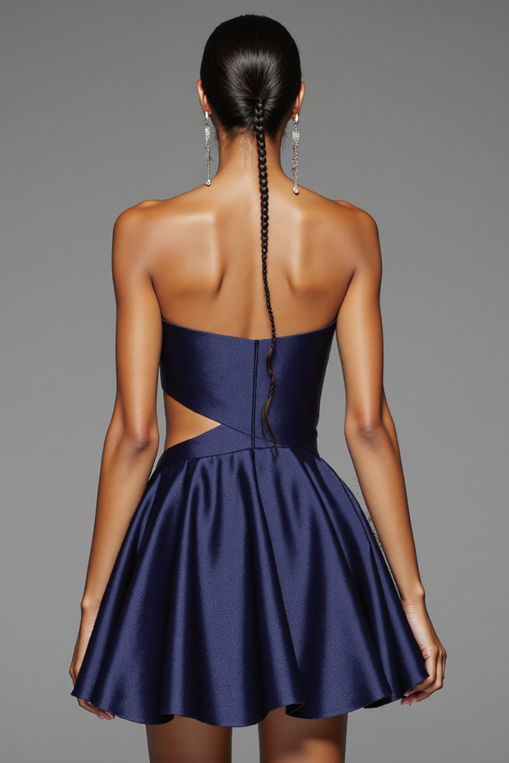 Navy A Line Cut Out Satin Short Homecoming Dress