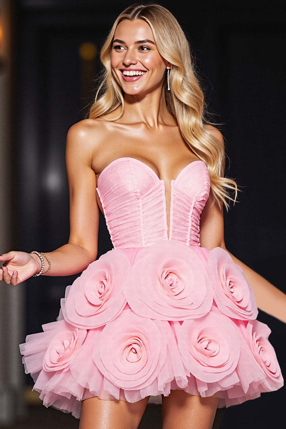 Leely Women Pink Floral Tulle Corset Short Homecoming Dress A Line Strapless Ruched Party Dress