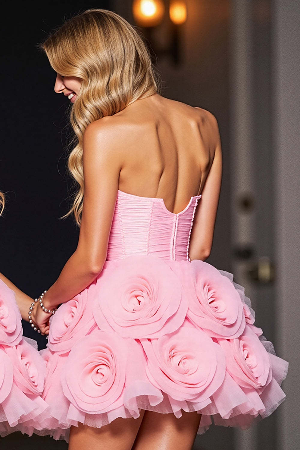 Pink Tulle Corset Floral Short Homecoming Dress
