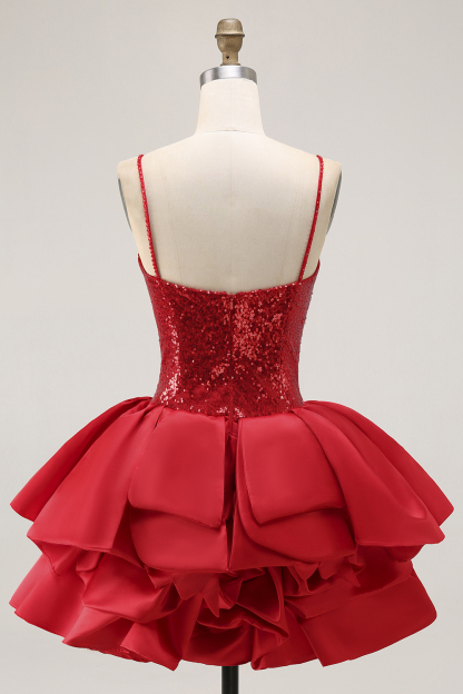 Sparkly Corset Red Sequined Short Homecoming Dress with Ruffles
