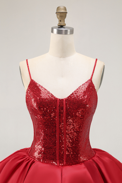 Red Sparkly Corset Short Ruffled Prom Dress with Sequins