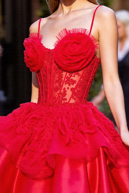 Red Corset Short A Line Homecoming Dress with 3D Flowers