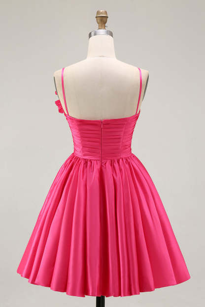 Fuchsia Floral A Line Ruffled Short Satin Homecoming Dress