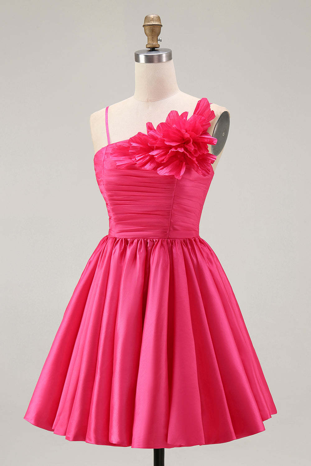 Fuchsia Floral A Line Ruffled Short Satin Homecoming Dress