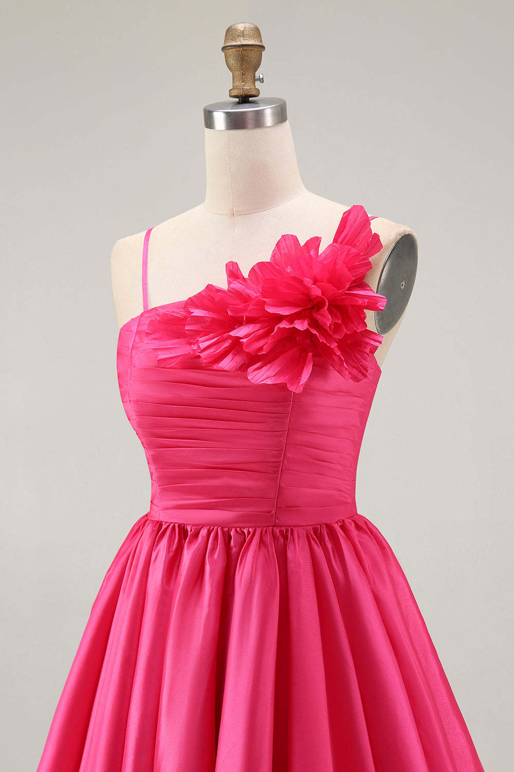 Fuchsia Floral A Line Ruffled Short Satin Homecoming Dress