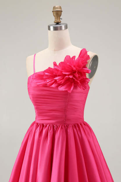 Fuchsia Floral A Line Ruffled Short Satin Homecoming Dress
