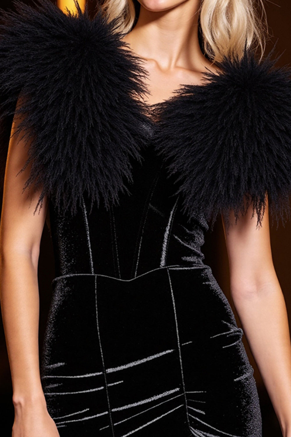 Black Velvet Bodycon Short Cocktail Dress with Feathers