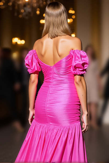 Fuchsia Satin Bodycon Puff Sleeves High Low Homecoming Dress