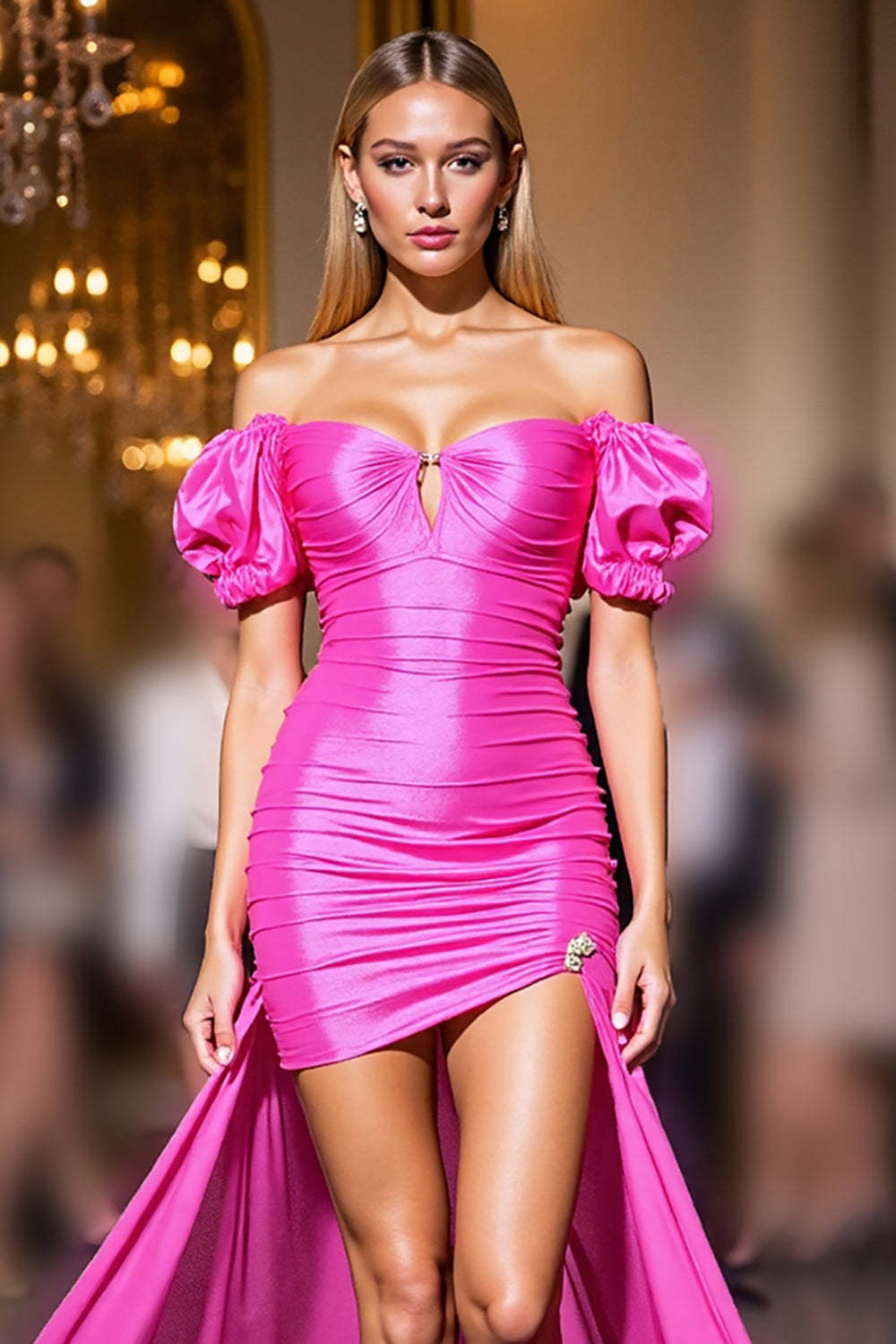 Fuchsia Satin Bodycon Puff Sleeves High Low Homecoming Dress